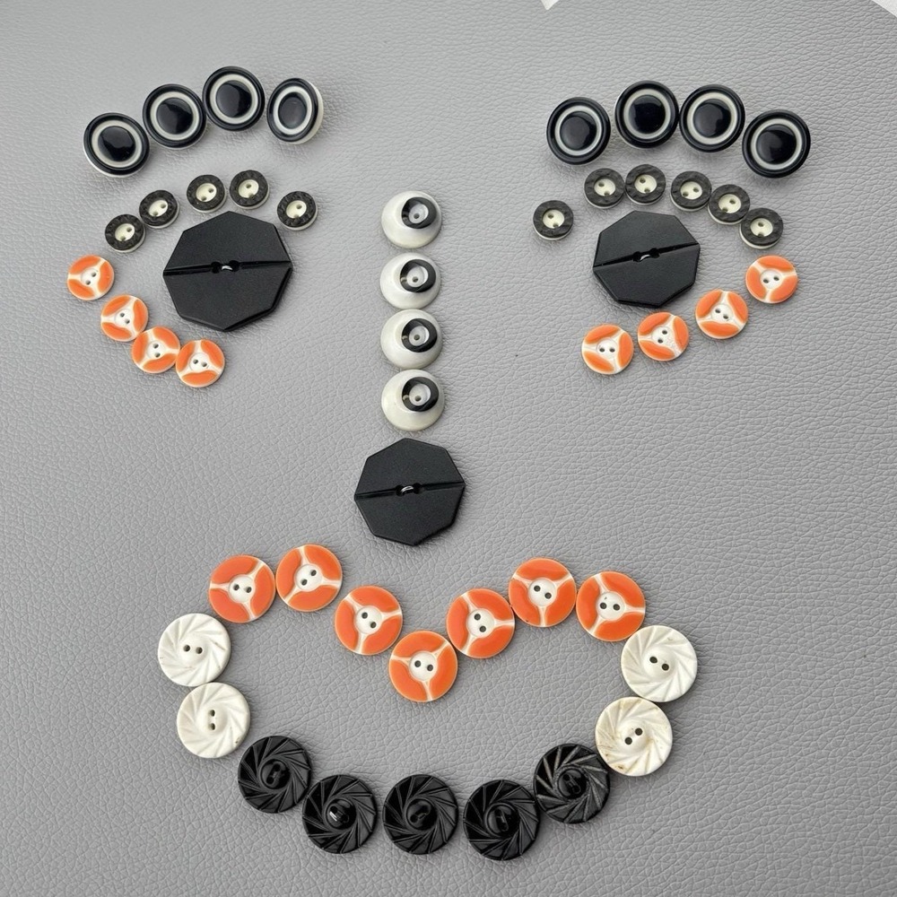 Vintage Black White Orange Button Lot ~ 51 Pc Set -‎ 2 Hole + Shank Sew Craft
